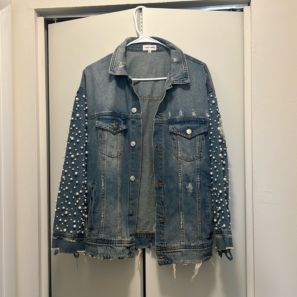 Stylish Denim Jean Jacket with Pearl Accents